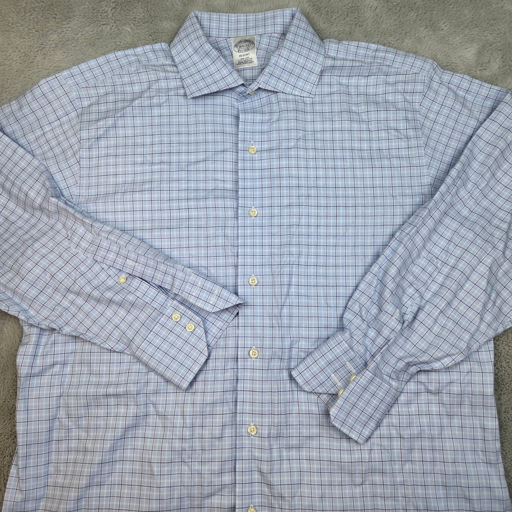 Brooks Brothers Dress Shirt Mens 16.5 32 Regent Non-Iron Check Supima Blue Shirt